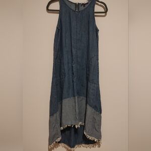 Nanette Lepore Dark Blue Chambray High Low Sleeveless Denim Dress Fringe Hem